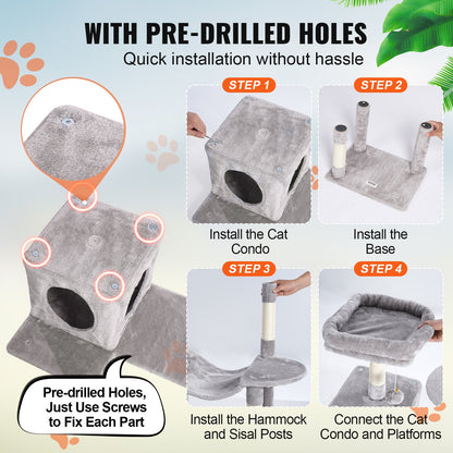 VEVOR Cat Tree 143 cm Cat Tower with Cat Condo Sisal Scratching Post Light Grey