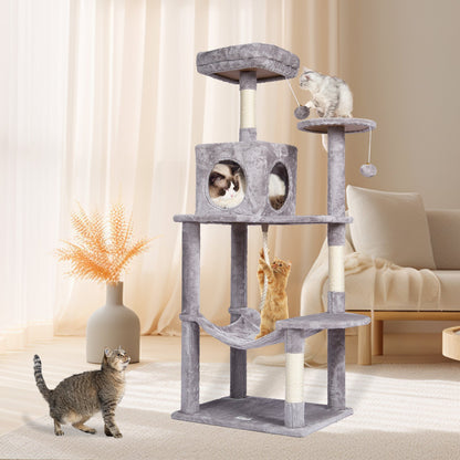 VEVOR Cat Tree 143 cm Cat Tower with Cat Condo Sisal Scratching Post Light Grey