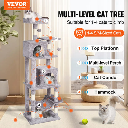 VEVOR Cat Tree 160 cm Cat Tower with 2 Cat Condos Scratching Post Light Grey