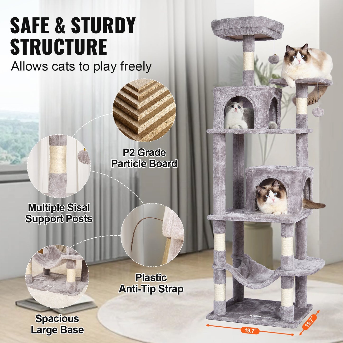 VEVOR Cat Tree 160 cm Cat Tower with 2 Cat Condos Scratching Post Light Grey