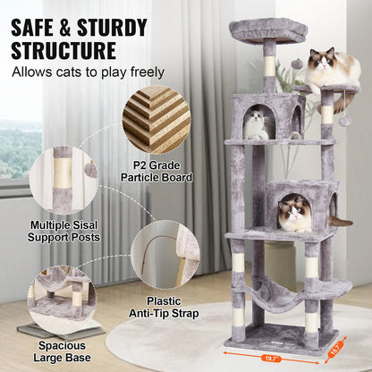 VEVOR Cat Tree 160 cm Cat Tower with 2 Cat Condos Scratching Post Light Grey