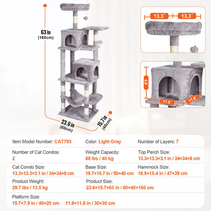 VEVOR Cat Tree 160 cm Cat Tower with 2 Cat Condos Scratching Post Light Grey