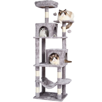 VEVOR Cat Tree 160 cm Cat Tower with 2 Cat Condos Scratching Post Light Grey