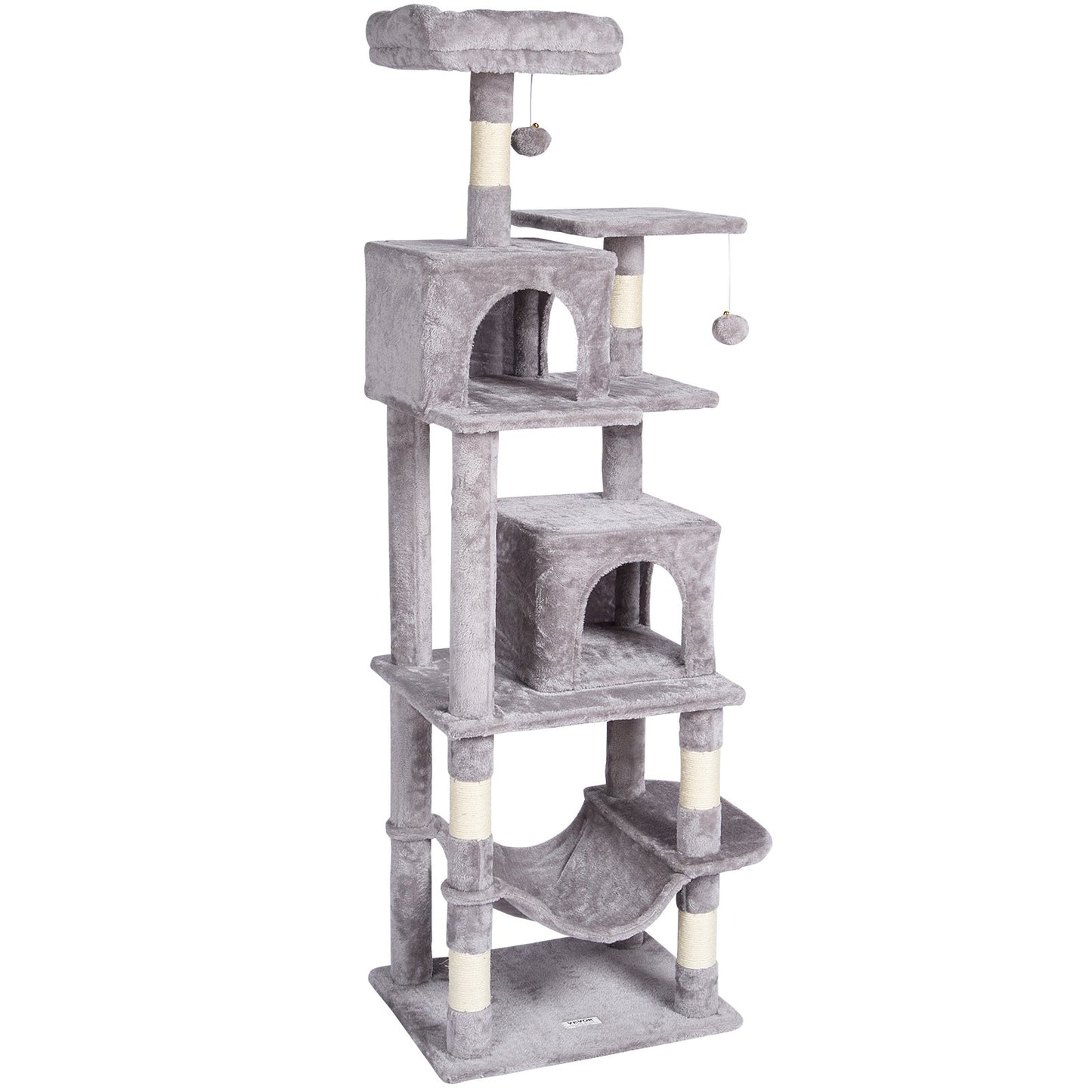 VEVOR Cat Tree 160 cm Cat Tower with 2 Cat Condos Scratching Post Light Grey