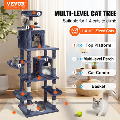 VEVOR Cat Tree 174 cm Cat Tower with Cat Condos Sisal Scratching Post Dark Grey