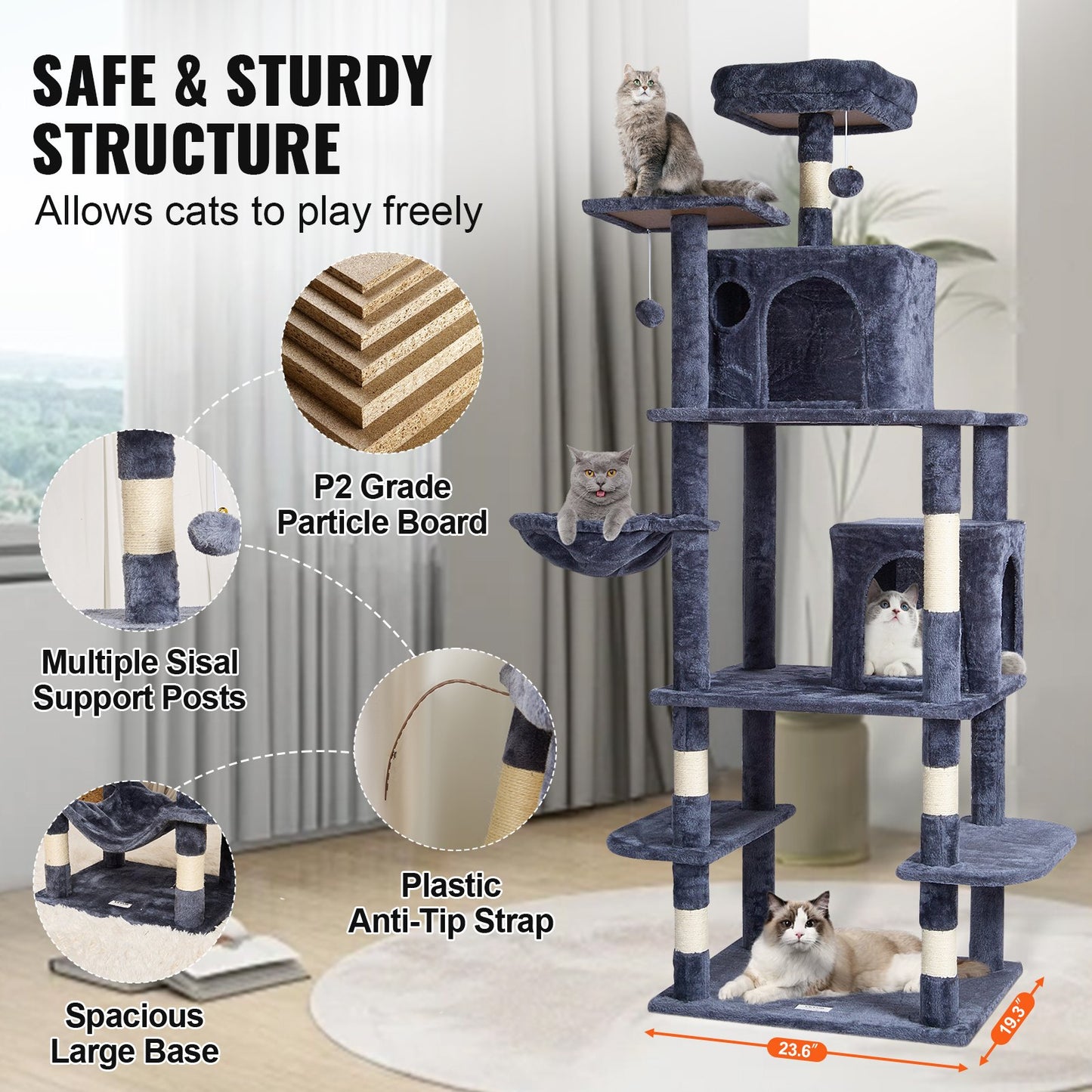 VEVOR Cat Tree 174 cm Cat Tower with Cat Condos Sisal Scratching Post Dark Grey