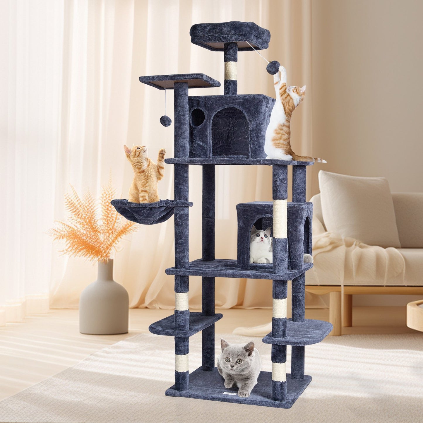 VEVOR Cat Tree 174 cm Cat Tower with Cat Condos Sisal Scratching Post Dark Grey