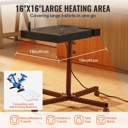 VEVOR Flash Dryer, 16 x 16 inch Flash Dryer for Screen Printing, High Power Silk Screen Printing Dryer with Height Adjustable Stand, 360° Rotation, X-Shaped Base, Steel T-Shirt Curing Machine