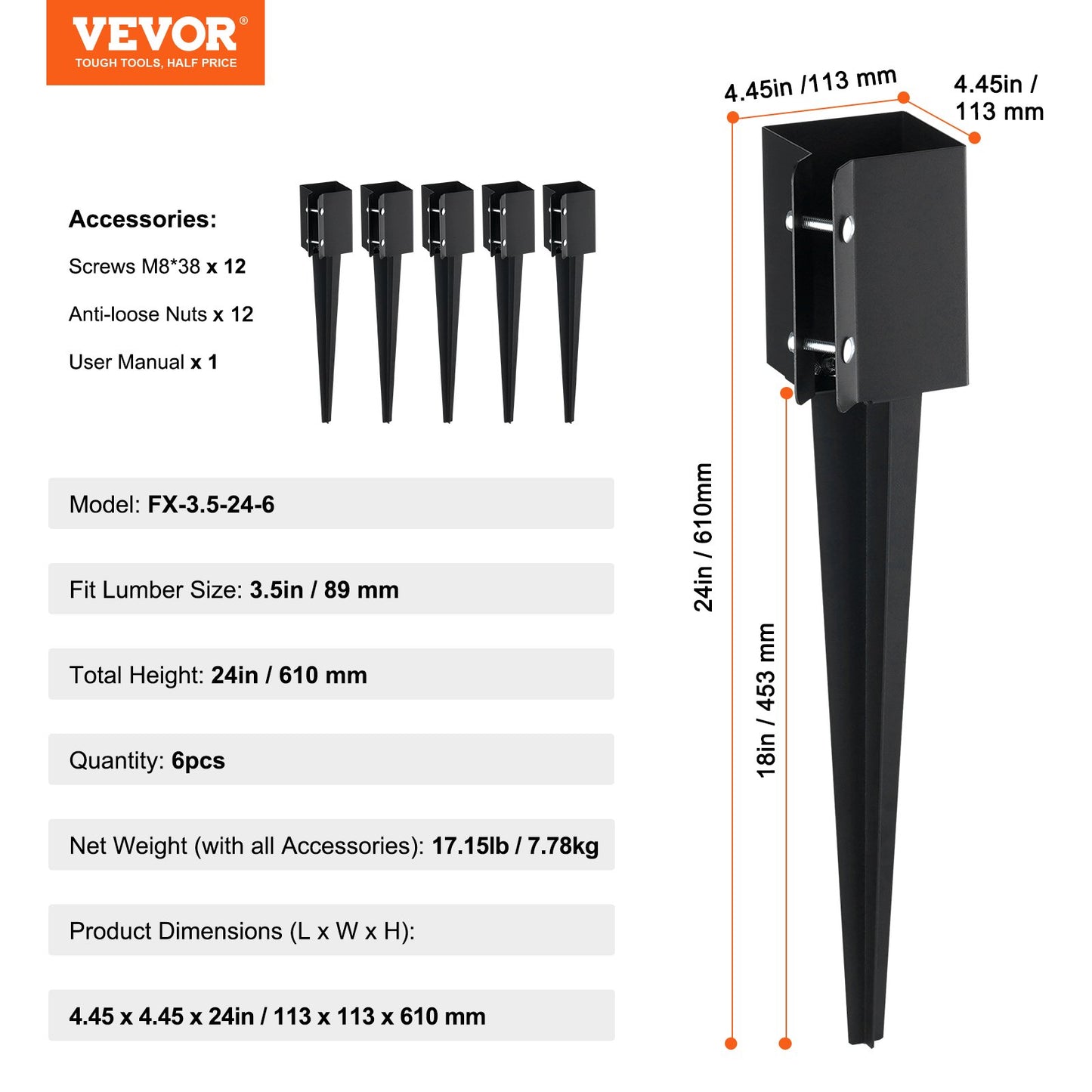 VEVOR Fence Post Anchor Ground Spike 6 Pack 24 x 4 x 4 In Metal Fence Stakes
