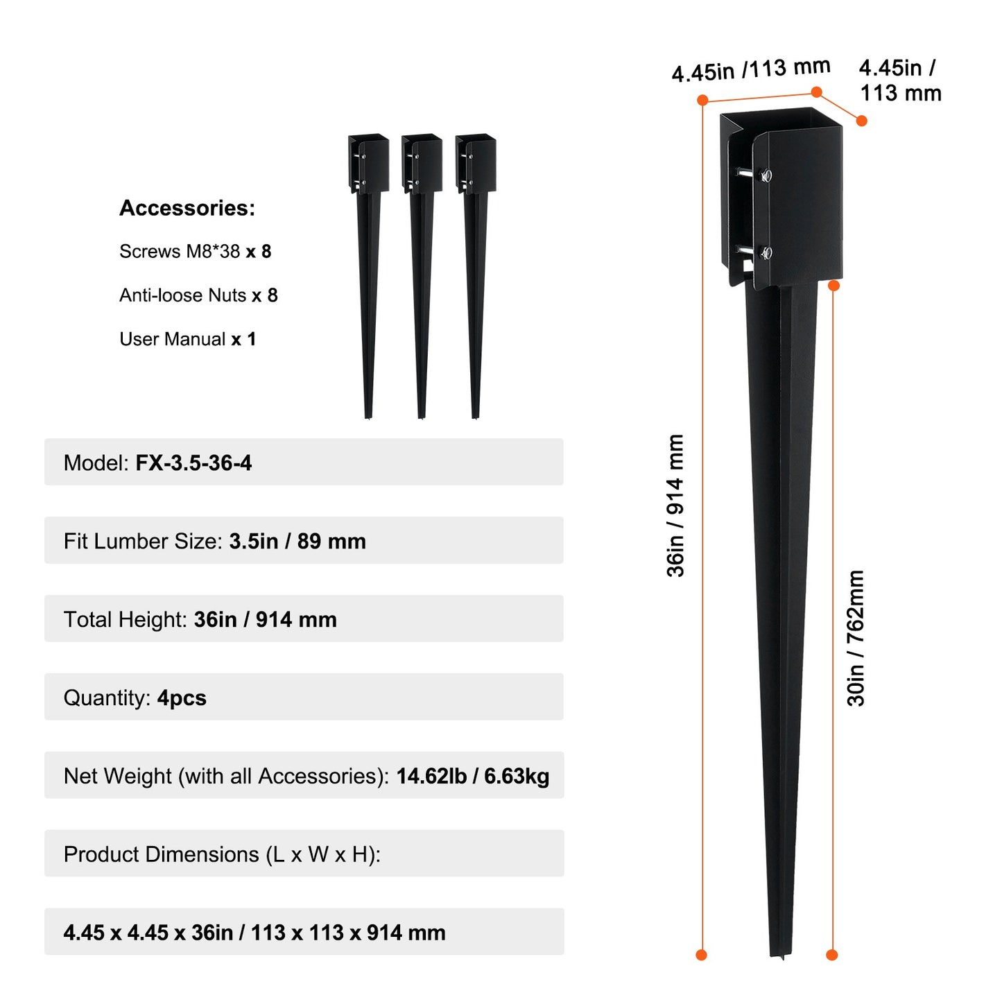 VEVOR Fence Post Anchor Ground Spike 4 Pack 36 x 4 x 4 In Metal Fence Stakes