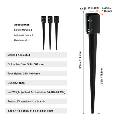 VEVOR Fence Post Anchor Ground Spike 4 Pack 36 x 4 x 4 In Metal Fence Stakes