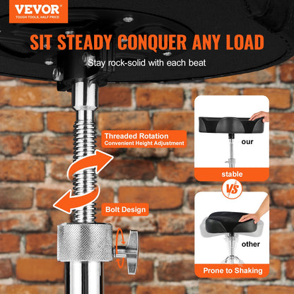 VEVOR Saddle Drum Throne, 560-705 mm Height Adjustable, Padded Drum Stool Seat with Anti-Slip Feet Drumsticks 227 kg Max Weight Capacity, Swivel Drum Chair for Drummers