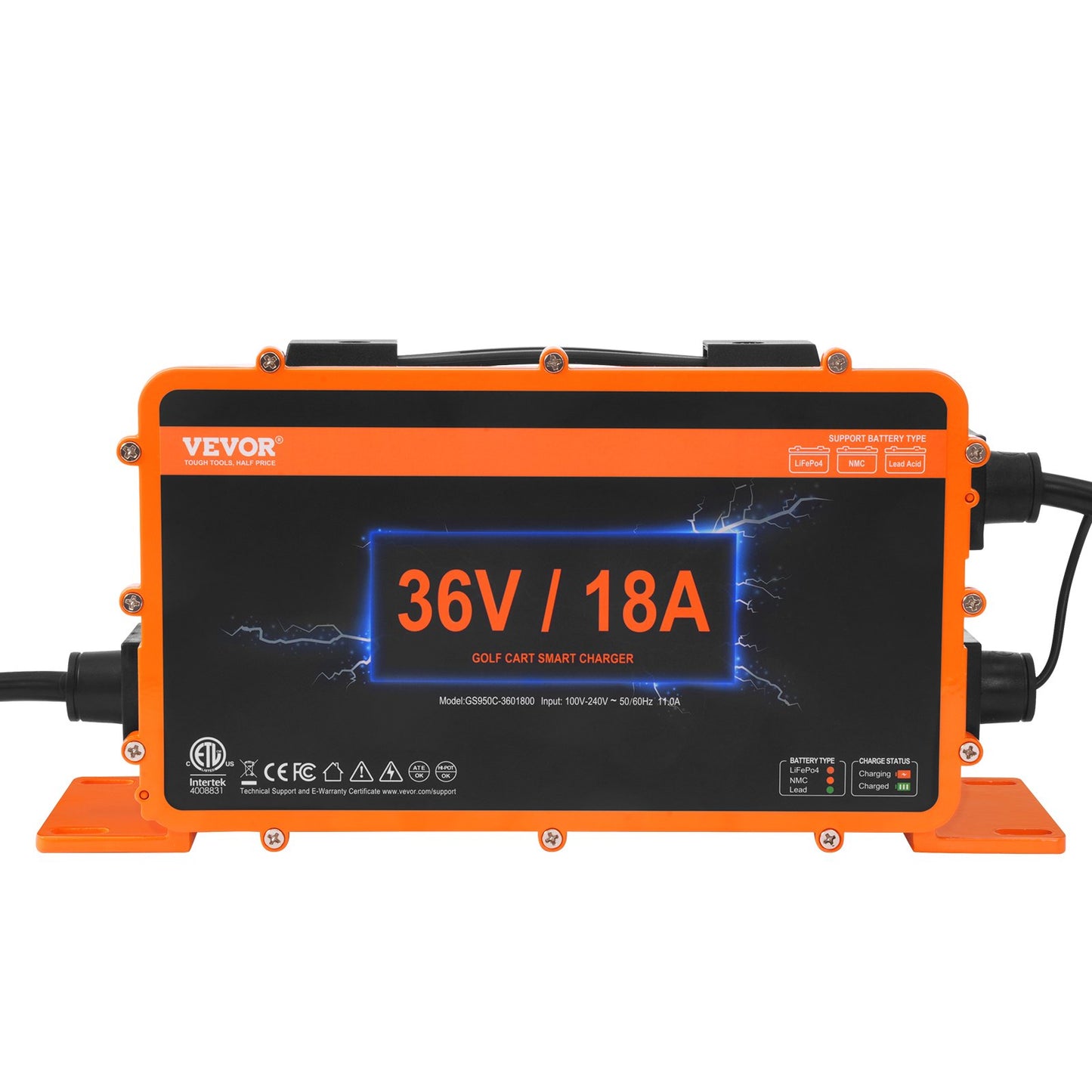 VEVOR Golf Cart Battery Charger, 18 AMP, Smart Club Car Charger with Crowfoot Plug, Compatible with Lead-Acid AGM/GEL/EFB MF NMC LiFePO4 Batteries for Club Car EZGO Yamaha, IP67 ETL Certified