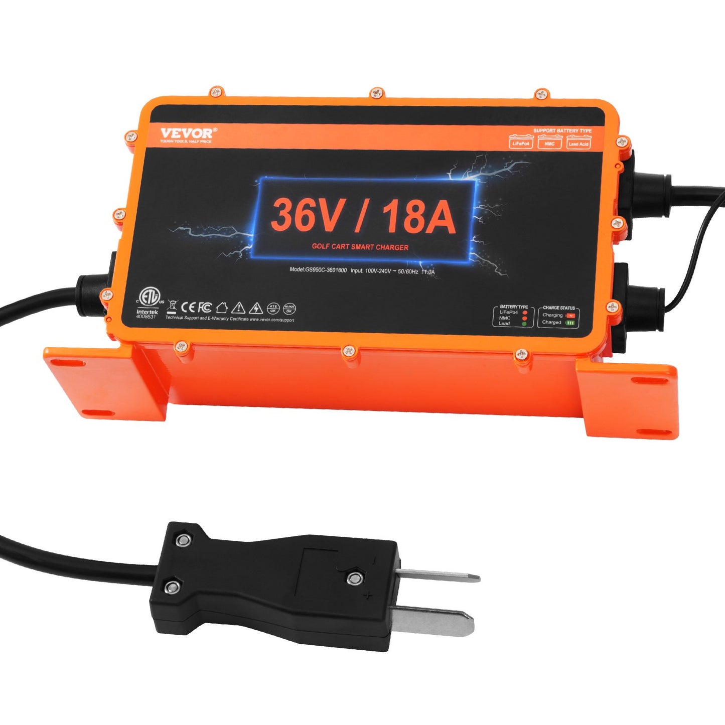 VEVOR Golf Cart Battery Charger, 18 AMP, Smart Club Car Charger with Crowfoot Plug, Compatible with Lead-Acid AGM/GEL/EFB MF NMC LiFePO4 Batteries for Club Car EZGO Yamaha, IP67 ETL Certified