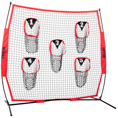 VEVOR 8 x 8 ft Football Trainer Throwing Net, Training Throwing Target Practice Net with 5 Target Pockets, Knotless Net Includes Bow Frame and Portable Carry Case, Improve QB Throwing Accuracy, Red