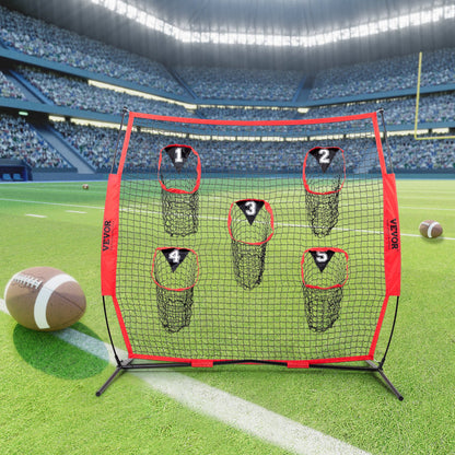 VEVOR 8 x 8 ft Football Trainer Throwing Net, Training Throwing Target Practice Net with 5 Target Pockets, Knotless Net Includes Bow Frame and Portable Carry Case, Improve QB Throwing Accuracy, Red