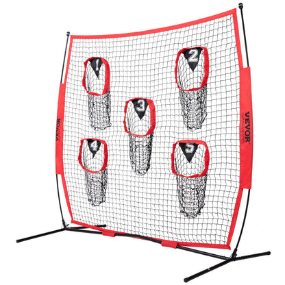 VEVOR 8 x 8 ft Football Trainer Throwing Net, Training Throwing Target Practice Net with 5 Target Pockets, Knotless Net Includes Bow Frame and Portable Carry Case, Improve QB Throwing Accuracy, Red