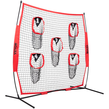 VEVOR 8 x 8 ft Football Trainer Throwing Net, Training Throwing Target Practice Net with 5 Target Pockets, Knotless Net Includes Bow Frame and Portable Carry Case, Improve QB Throwing Accuracy, Red