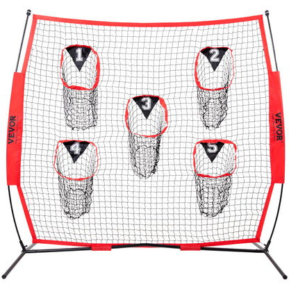 VEVOR 8 x 8 ft Football Trainer Throwing Net, Training Throwing Target Practice Net with 5 Target Pockets, Knotless Net Includes Bow Frame and Portable Carry Case, Improve QB Throwing Accuracy, Red