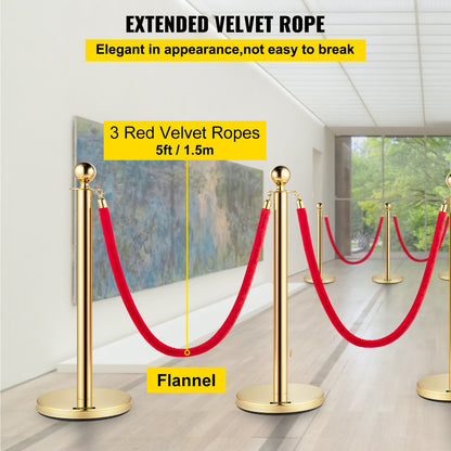 VEVOR 4PCS Gold Stanchion Posts Queue, 38 Inch Red Velvet Rope, Crowd Control Barriers Queue Line Rope, Barriers for Party Supplies