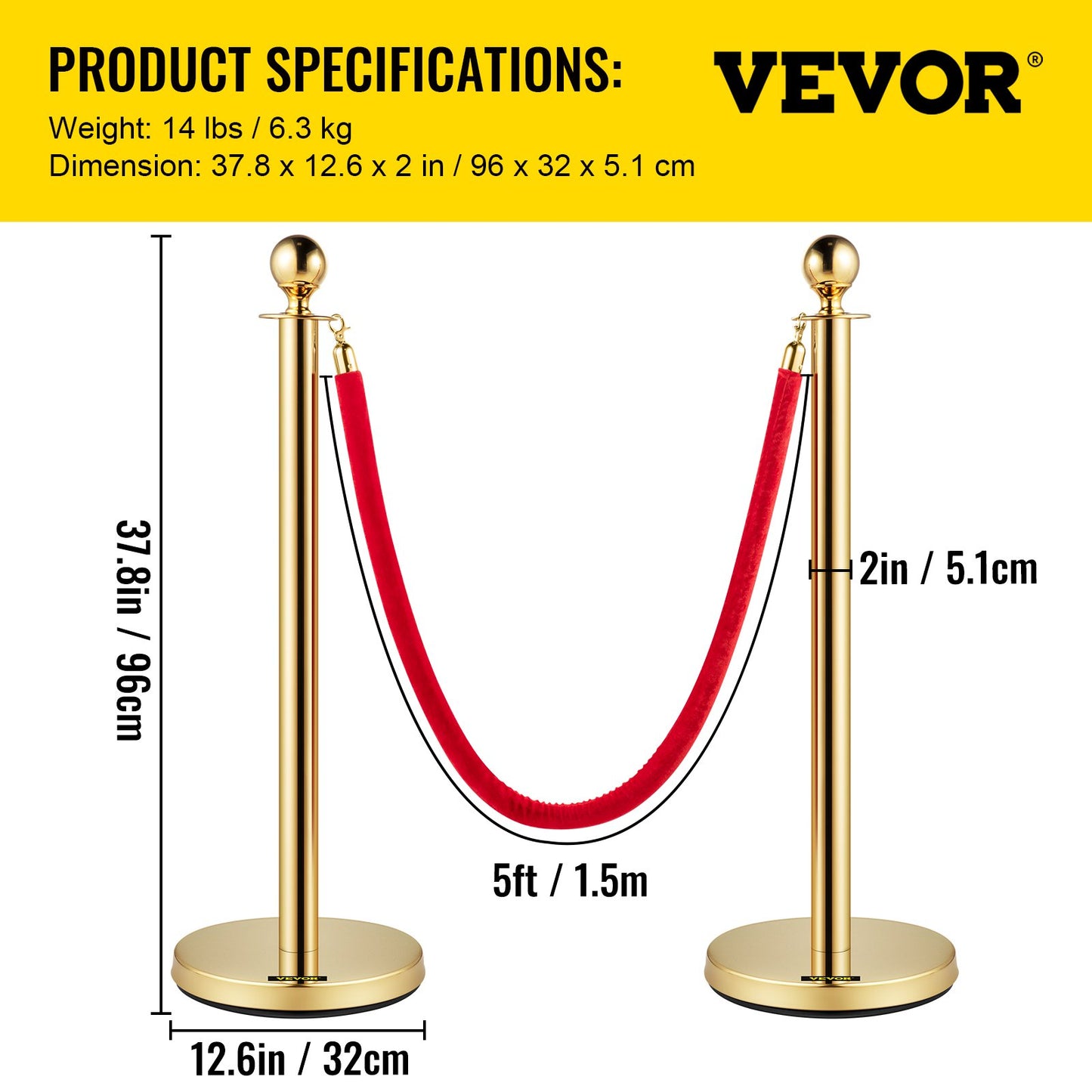 VEVOR 4PCS Gold Stanchion Posts Queue, 38 Inch Red Velvet Rope, Crowd Control Barriers Queue Line Rope, Barriers for Party Supplies