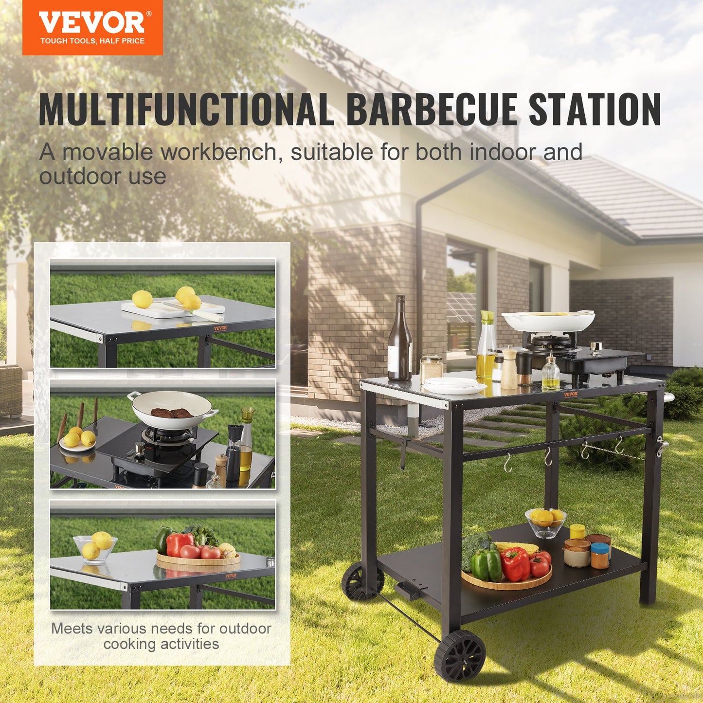 VEVOR Outdoor Grill Dining Cart with Double-Shelf,  85*55cm BBQ Movable Food Prep Table, Multifunctional Iron Table Top, Portable Modular Carts for Pizza Oven, Worktable with 2 Wheels, Carry Handle, Black