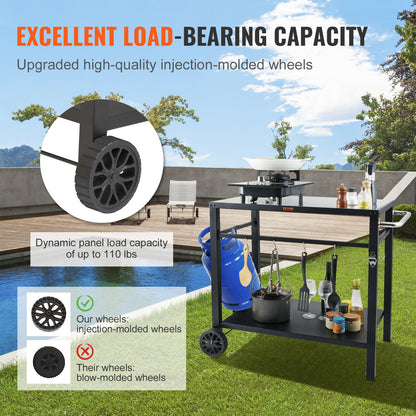 VEVOR Outdoor Grill Dining Cart with Double-Shelf,  85*55cm BBQ Movable Food Prep Table, Multifunctional Iron Table Top, Portable Modular Carts for Pizza Oven, Worktable with 2 Wheels, Carry Handle, Black