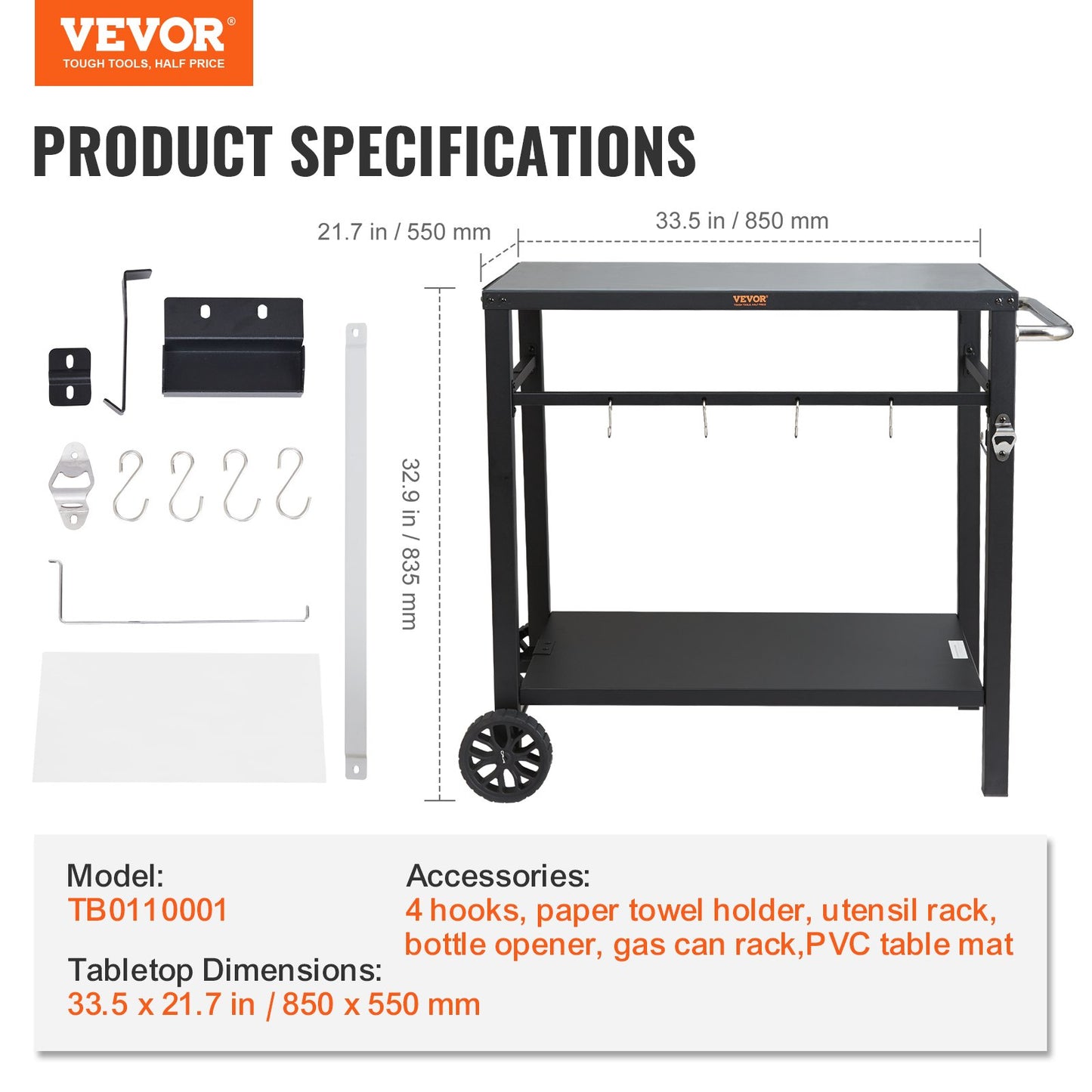 VEVOR Outdoor Grill Dining Cart with Double-Shelf,  85*55cm BBQ Movable Food Prep Table, Multifunctional Iron Table Top, Portable Modular Carts for Pizza Oven, Worktable with 2 Wheels, Carry Handle, Black