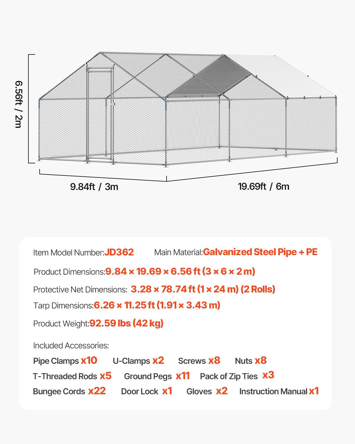 VEVOR Metal Chicken Coop 9.8x19.6x6.5 ft Walk-in Chicken Run with Cover Spire Roof