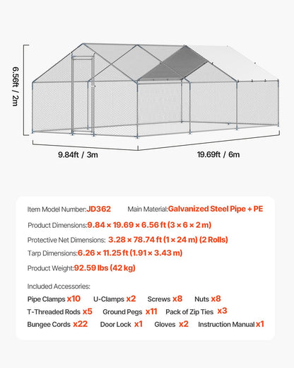 VEVOR Metal Chicken Coop 9.8x19.6x6.5 ft Walk-in Chicken Run with Cover Spire Roof