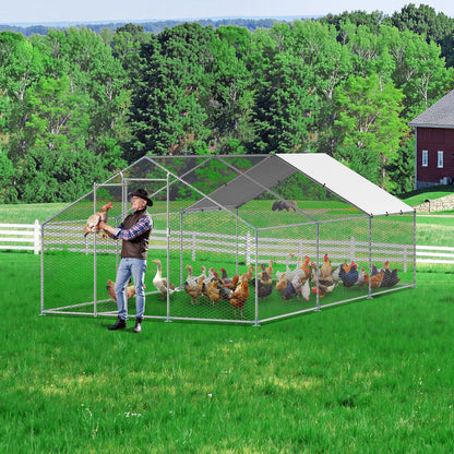 VEVOR Metal Chicken Coop 9.8x19.6x6.5 ft Walk-in Chicken Run with Cover Spire Roof