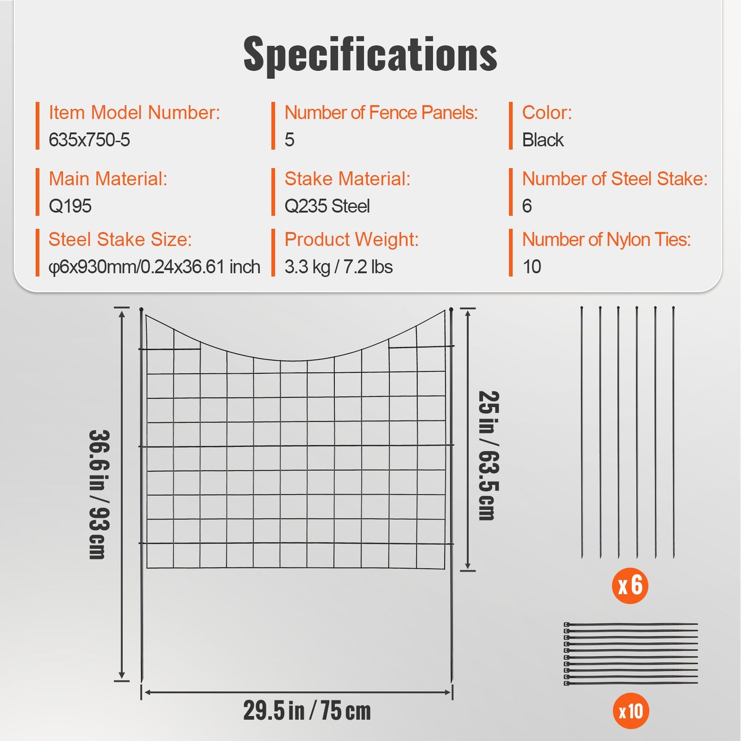 VEVOR Garden Fence, 75×93 cm Animal Barrier Fence, Underground Decorative Garden Fencing with 6.38 cm Spike Spacing, Metal Dog Fence for the Yard and Outdoor Patio, 5 Pack