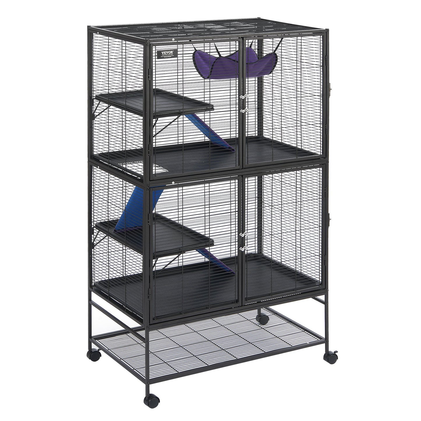 VEVOR 64.6" Metal Small Animal Cage 4-Tier Rolling Ferret Cage with Tray 3 Ramps