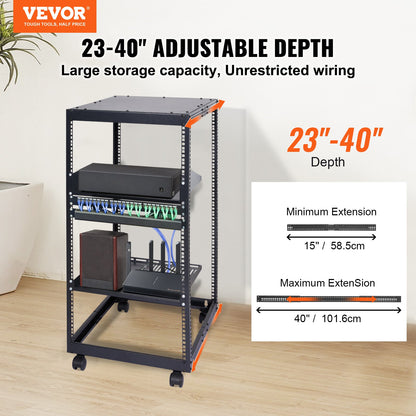 VEVOR 20U Open Frame Server Rack, 15''-40'' Adjustable Depth, Free Standing or Wall Mount Network Server Rack, 4 Post AV Rack with Casters, Holds All Your Networking IT Equipment AV Gear Router Modem
