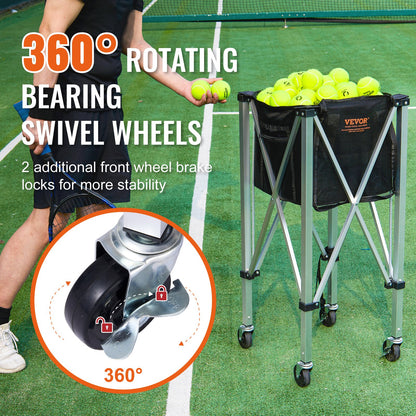 VEVOR Foldable Tennis Ball Hopper, Holds 150 Tennis Balls, Lightweight Aluminum Alloy Tennis Ball Basket Cart with Wheels, Removable Bag, Carry Bag, Portable Sports Teaching Cart for Tennis Player