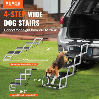 VEVOR Dog Stair for Cars 4-step Folding Dog Steps Aluminum Loads up to 150 lbs, Foldable 24-25.4 in Adjustable Height