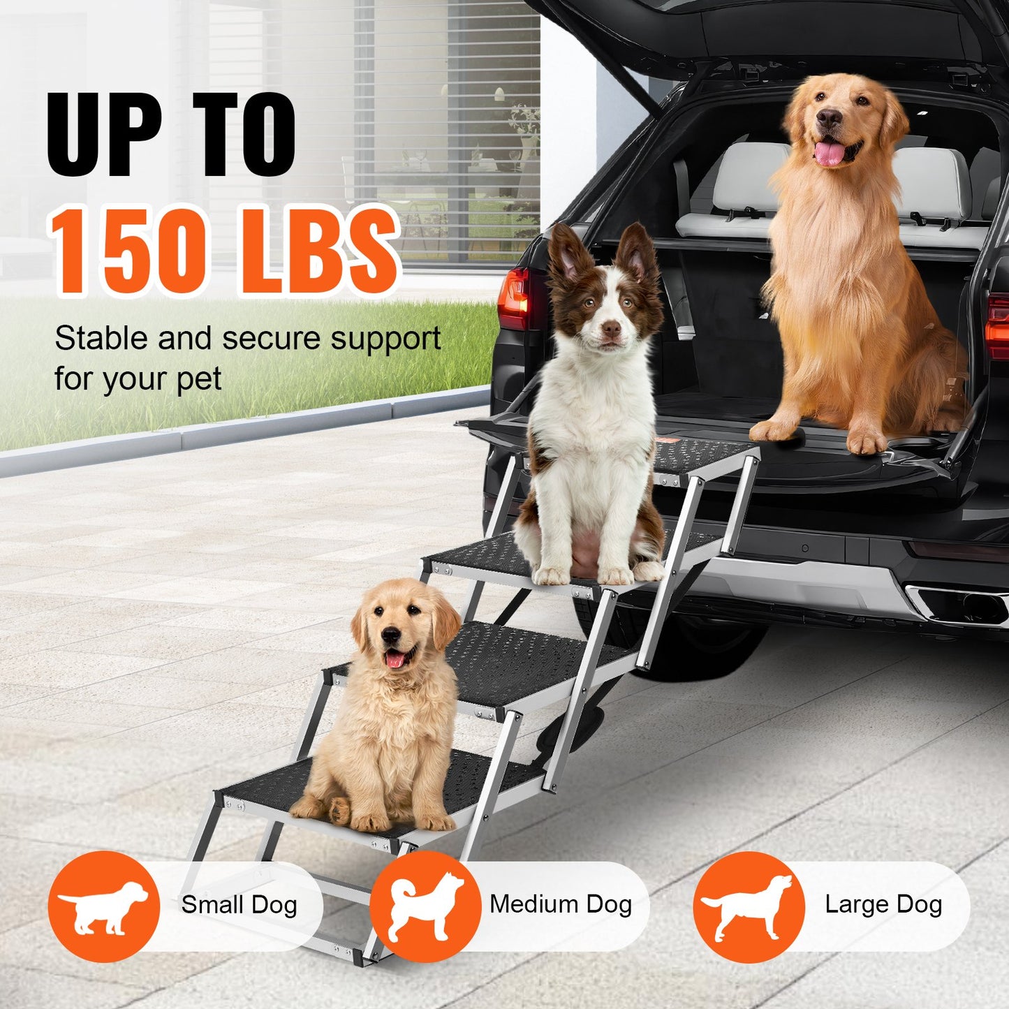 VEVOR Dog Stair for Cars 4-step Folding Dog Steps Aluminum Loads up to 150 lbs, Foldable 24-25.4 in Adjustable Height