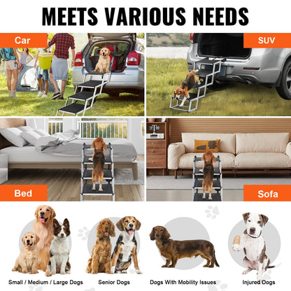 VEVOR Dog Stair for Cars 4-step Folding Dog Steps Aluminum Loads up to 150 lbs, Foldable 24-25.4 in Adjustable Height