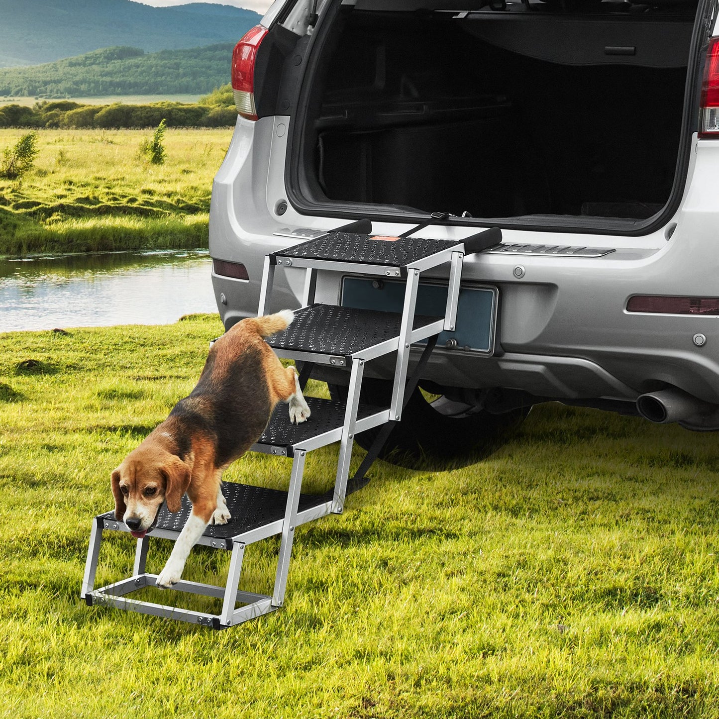 VEVOR Dog Stair for Cars 4-step Folding Dog Steps Aluminum Loads up to 150 lbs, Foldable 24-25.4 in Adjustable Height