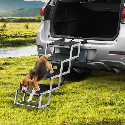 VEVOR Dog Stair for Cars 4-step Folding Dog Steps Aluminum Loads up to 150 lbs, Foldable 24-25.4 in Adjustable Height