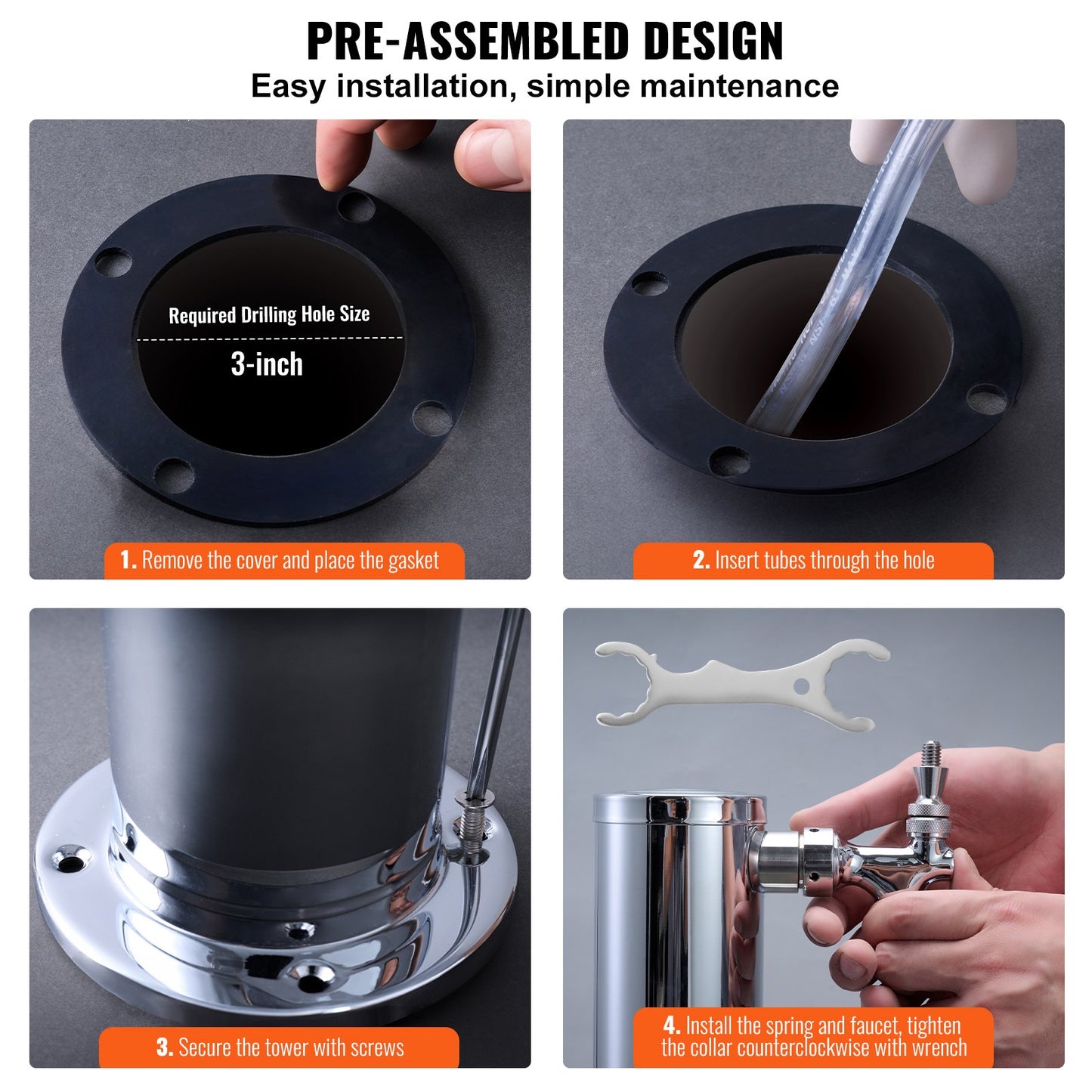 VEVOR Triple Taps Draft Beer Tower Dispenser, Stainless Steel Keg Beer Tower, Kegerator Tower Kit with Pre-Assembled Tubing and Self-Closing Faucet Shanks for Party, Bar, Pub, Restaurant