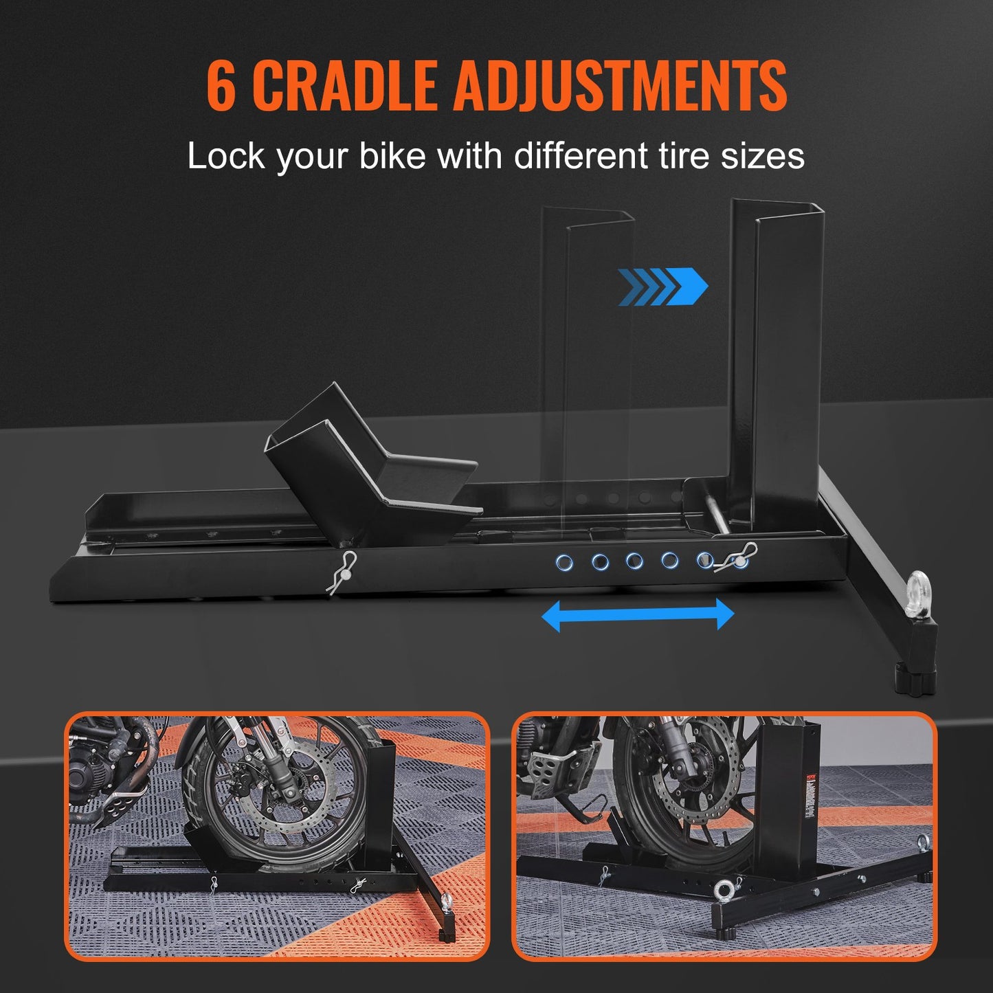 VEVOR Motorcycle Wheel Chock Upright, 816.5 kg Capacity, Heavy-duty Steel Motorcycle Front Wheel Stand with 6 Adjustable Holes, For 381-558.8 mm Off-Road Motorcycles, Standard Motorcycles