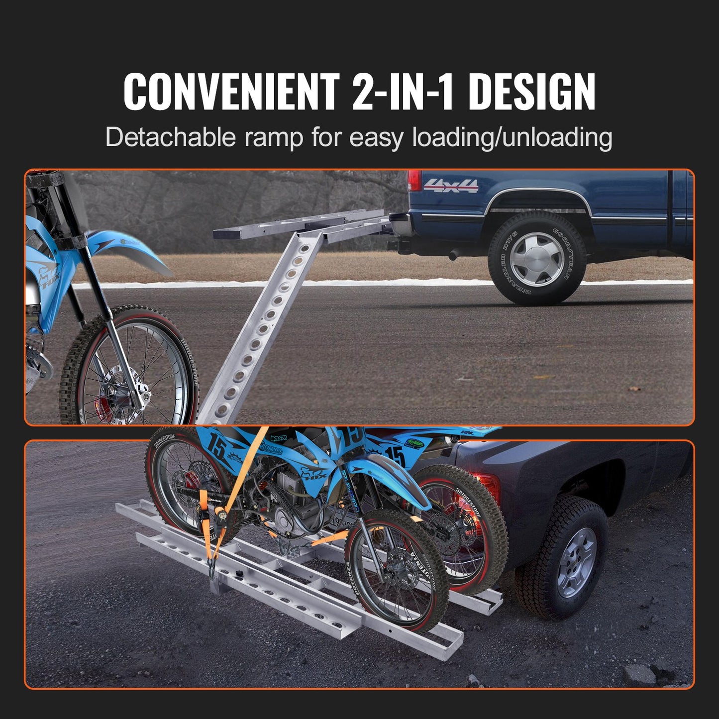 VEVOR Motorcycle Carrier, 2-Bike 272.15KGS Aluminum Motorcycle Carrier Hitch Mount, Loading Ramp, Scooter Dirt Bike Trailer Hauler, Ratchet Straps and Stabilizer, for Car, Truck with 2" Hitch Receiver