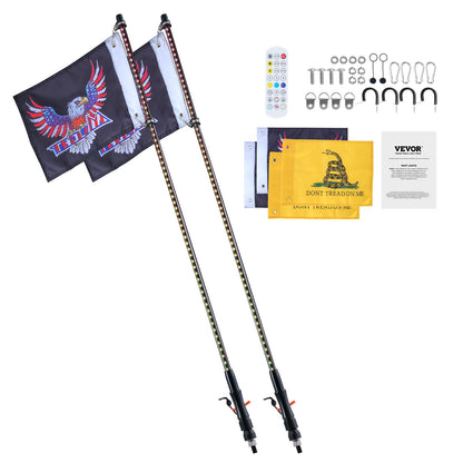 VEVOR 2 PCS 3 FT Whip Light, APP & RF Remote Control Led Whip Light, Waterproof RGB Chasing Lighted Whips with 4 Flags, for UTVs, ATVs, Motorcycles, RZR, Can-am, Trucks, Off-road, Go-karts