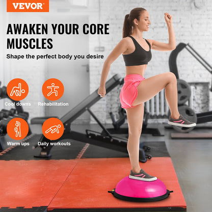 VEVOR Half Exercise Ball Trainer, 26 inch Balance Ball Trainer, 1500lbs Capacity Stability Ball, Yoga Ball with Resistance Bands & Foot Pump, Strength Fitness Ball for Home Gym Full Body Workout, Pink