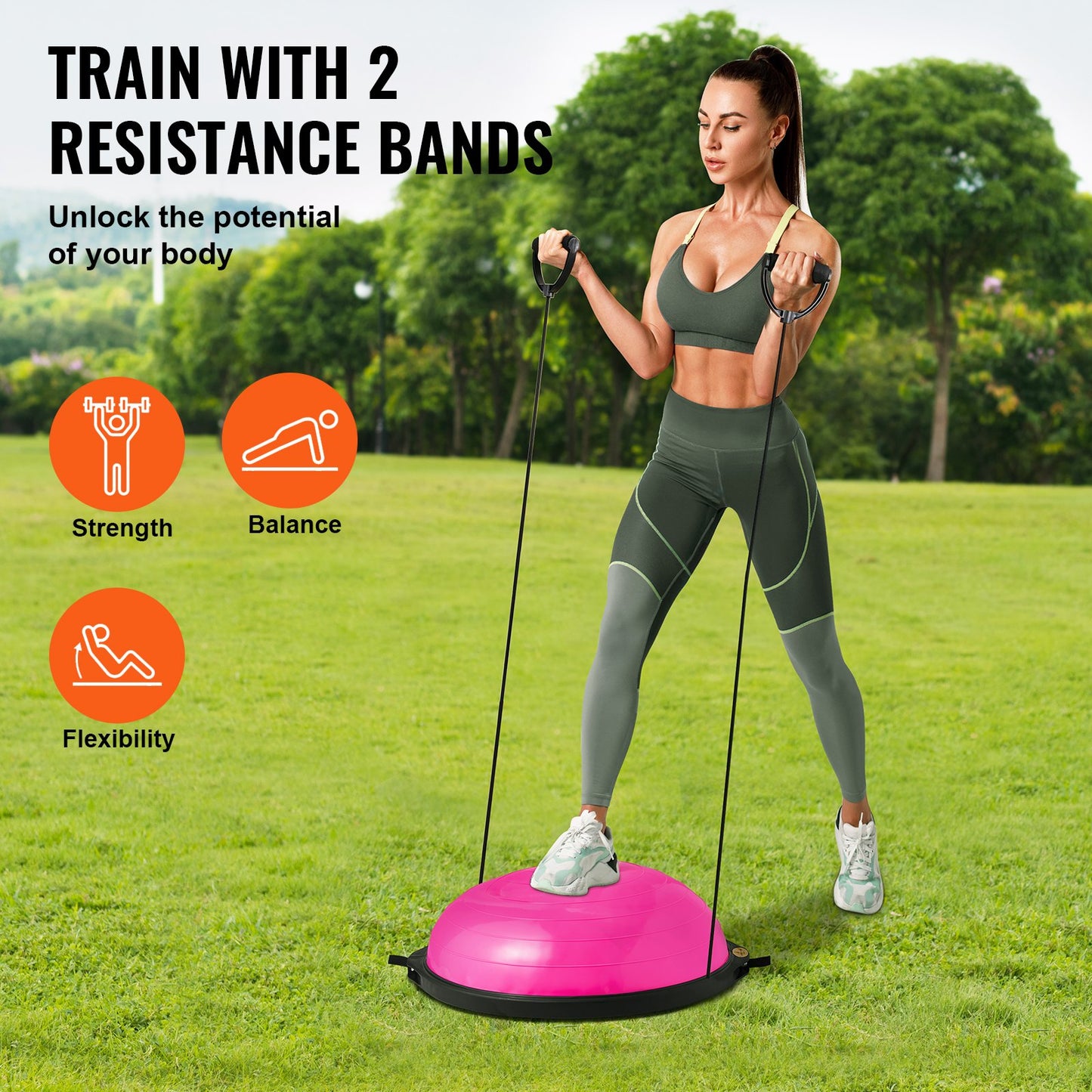 VEVOR Half Exercise Ball Trainer, 26 inch Balance Ball Trainer, 1500lbs Capacity Stability Ball, Yoga Ball with Resistance Bands & Foot Pump, Strength Fitness Ball for Home Gym Full Body Workout, Pink