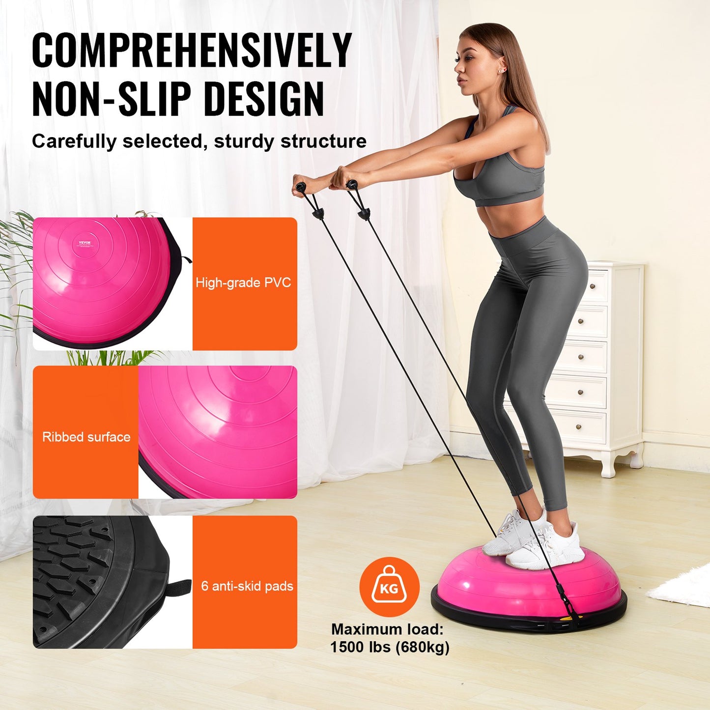 VEVOR Half Exercise Ball Trainer, 26 inch Balance Ball Trainer, 1500lbs Capacity Stability Ball, Yoga Ball with Resistance Bands & Foot Pump, Strength Fitness Ball for Home Gym Full Body Workout, Pink
