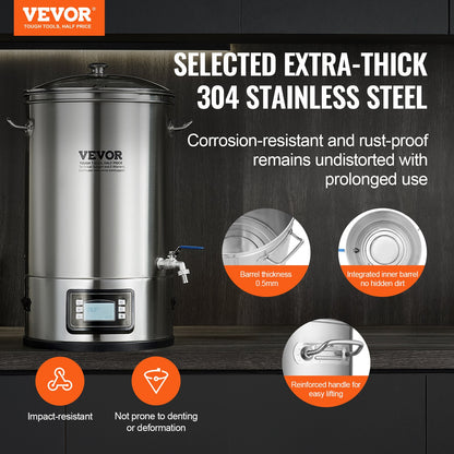 VEVOR Electric Brewing System, 8 GALLON Brewing Stock Pot, All-in-One Home Beer Brewer, 304 Stainless Steel Brewing Supplies with Panel, Includes Glass Lid, Handle, Spigot, Electronic Panel Control