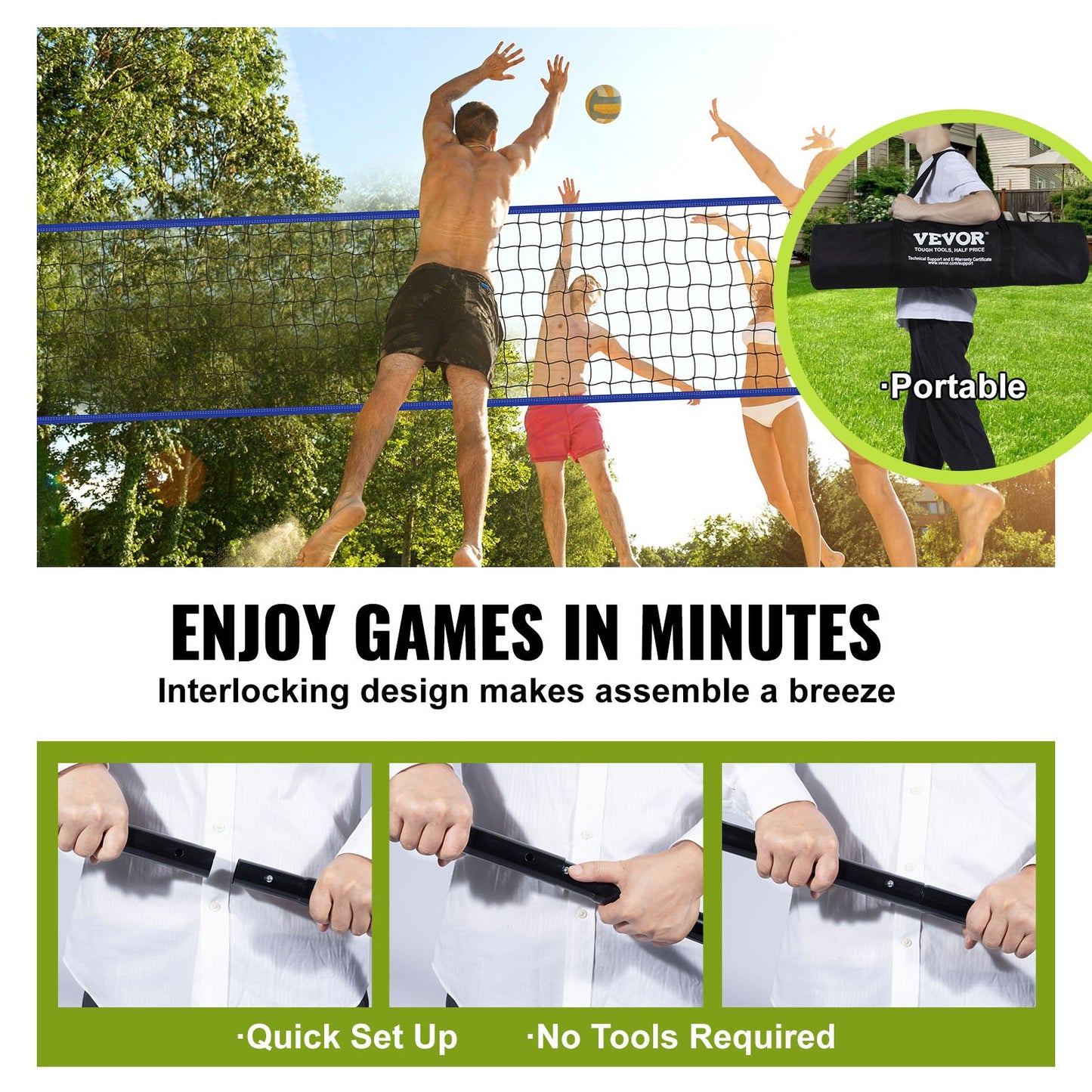 VEVOR Outdoor Portable Volleyball Net System, Adjustable Height Steel Poles, Professional Volleyball Set with PVC Volleyball, Pump, Carrying Bag, Heavy Duty Volleyball Net for Backyard, Beach, Lawn
