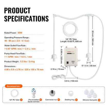 VEVOR Bottled Water Dispenser Pump System, 2x5 Gallon Dispensing System, Automatic Electric Water Dispenser, Double-Pipe Water Jug Pump, Compatible Use with Coffee/Tea Machine, Refrigerator, Ice Maker